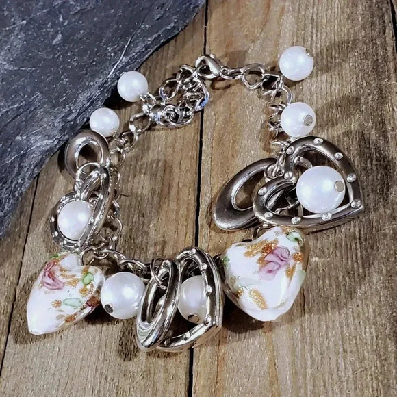 Vintage Murano Glass Beads White Silver Charm Bracelet Style G - Picture 3 of 5